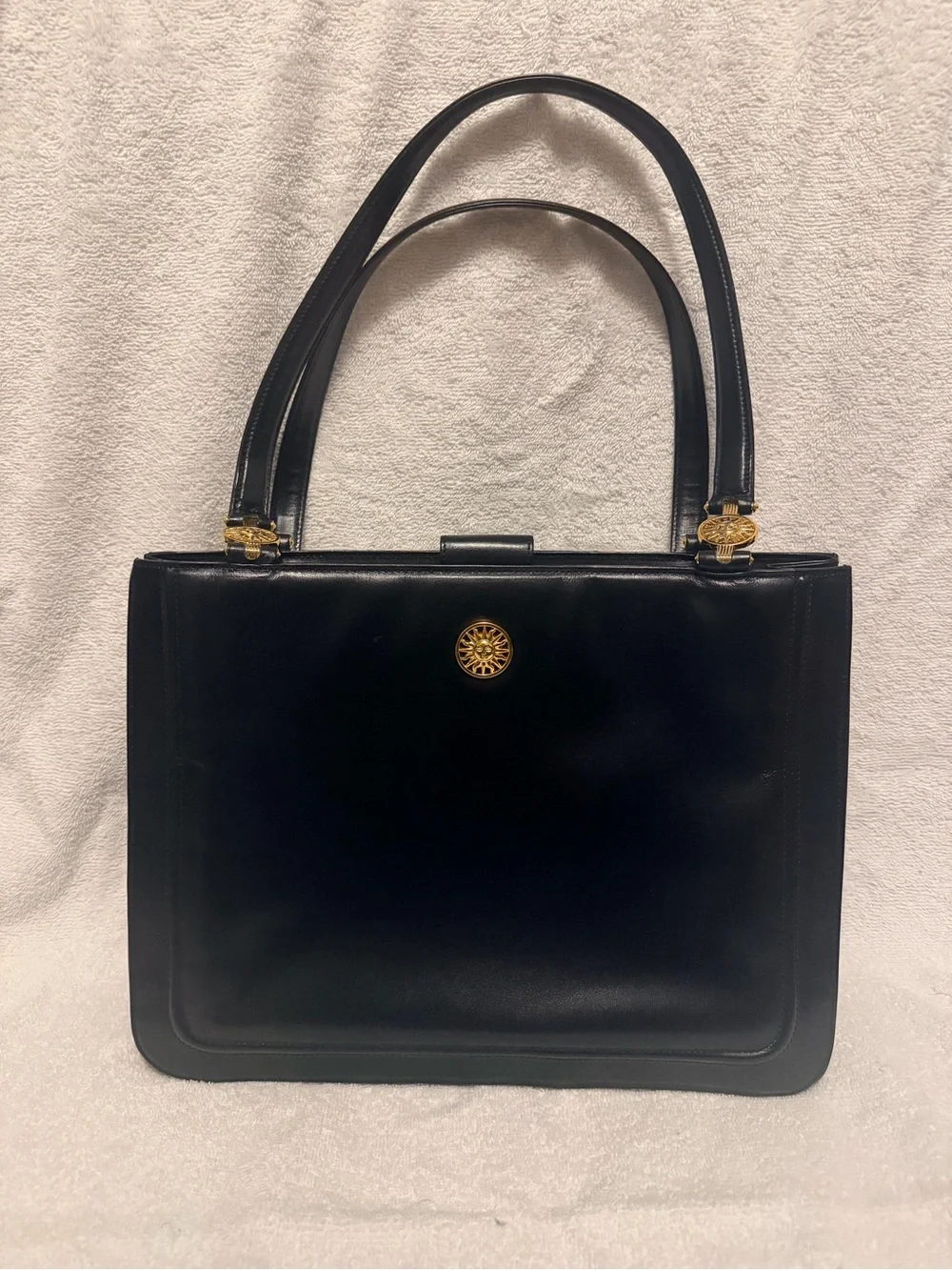 Versace Black Leather Shoulder Bag with Gold Medallion